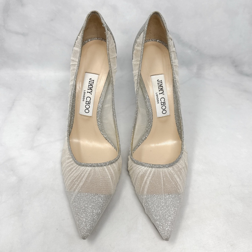 Jimmy Choo Silver and Ivory Glitter Mesh Pointed-Toe Heels - Picture 4 of 16